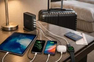 A GaN 120W charger powering a tablet, two smartphones, earbuds, and a smartwatch on a desk, with a suitcase and travel documents in the background.