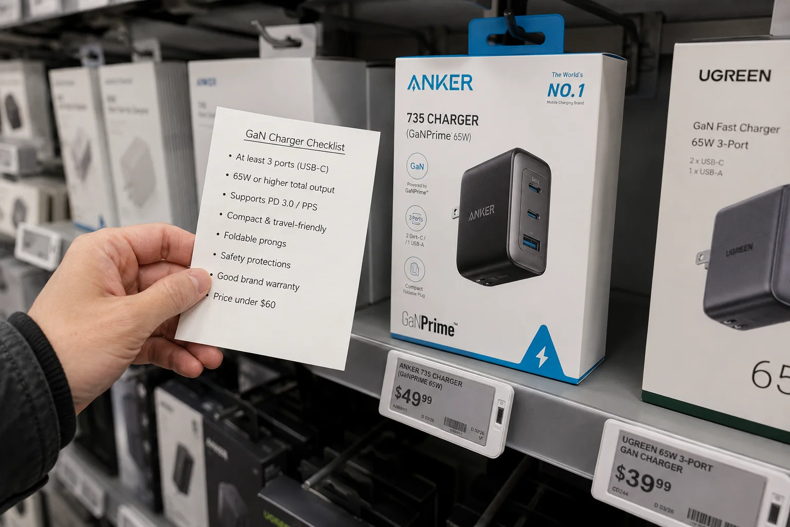 Checklist for Buying a Universal Charger A person's hand holding a checklist and pointing to a multi-port GaN charger on a retail shelf.