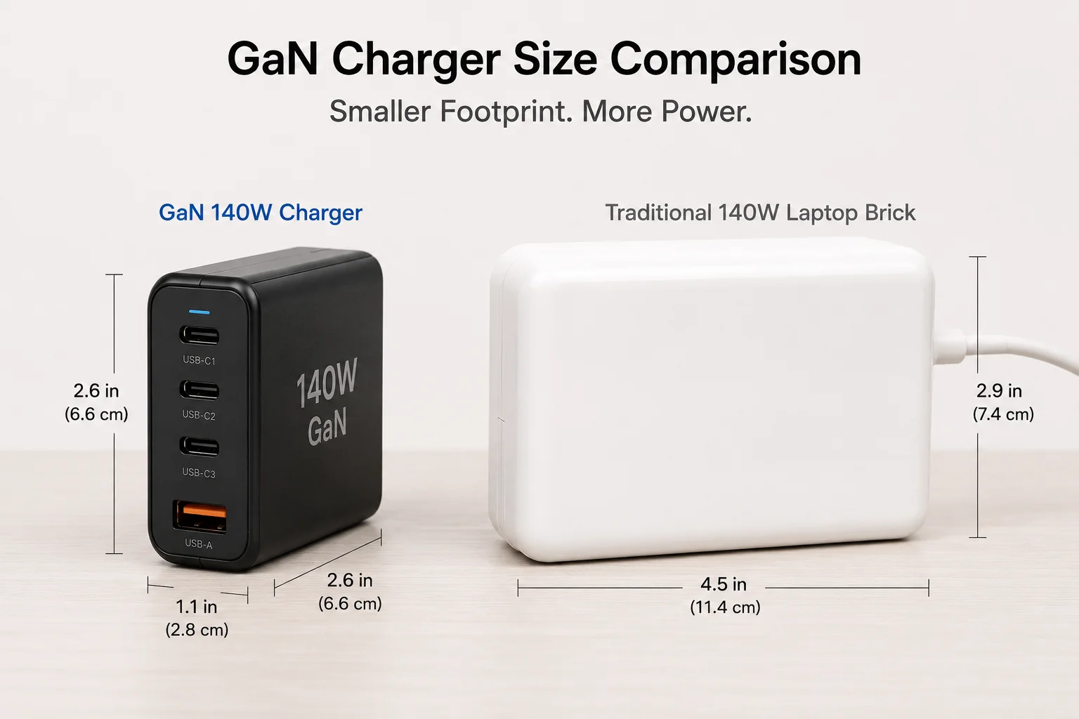 GaN Charger Size Comparison a small GaN charger compared to a large traditional laptop brick