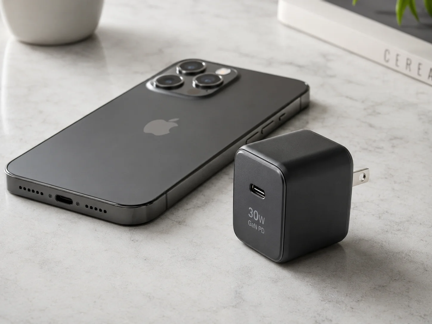 A compact 30W GaN PD fast charger next to a smartphone