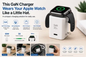 A compact GaN 30W charger with a magnetic docking feature holding an Apple Watch, showcasing fast charging, portability, and safety features.