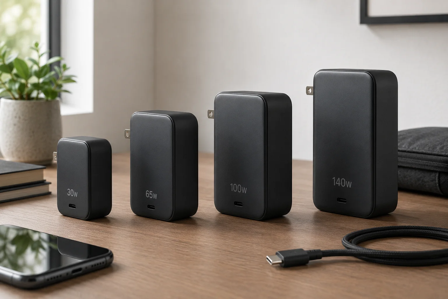 GaN Charger Power Ratings A lineup of GaN chargers showing different wattages: 30W, 65W, 100W, 140W