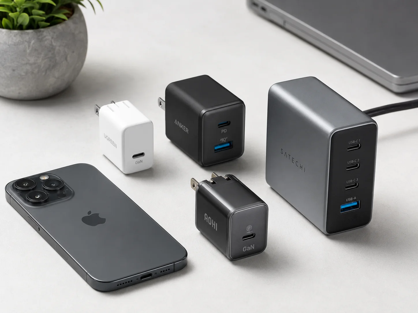 GaN Chargers for iPhone 16 A collection of different GaN chargers next to an iPhone 16