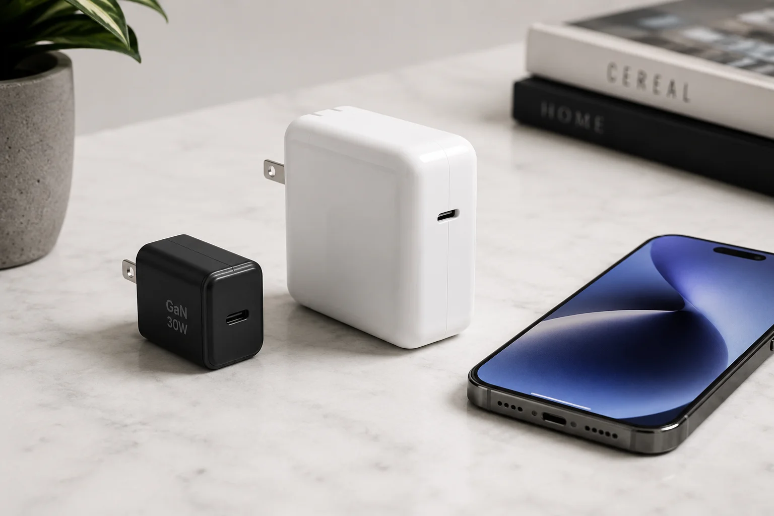A small GaN charger next to a larger traditional charger