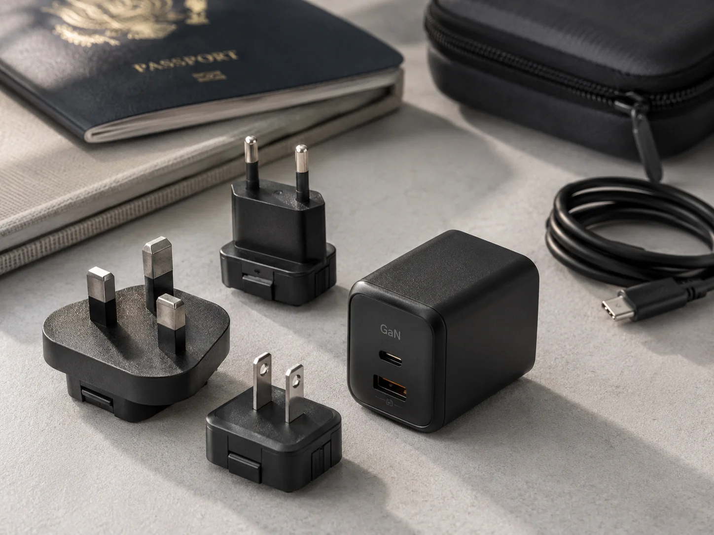 Travel GaN Charger with Universal Plugs A compact GaN charger with interchangeable travel plugs