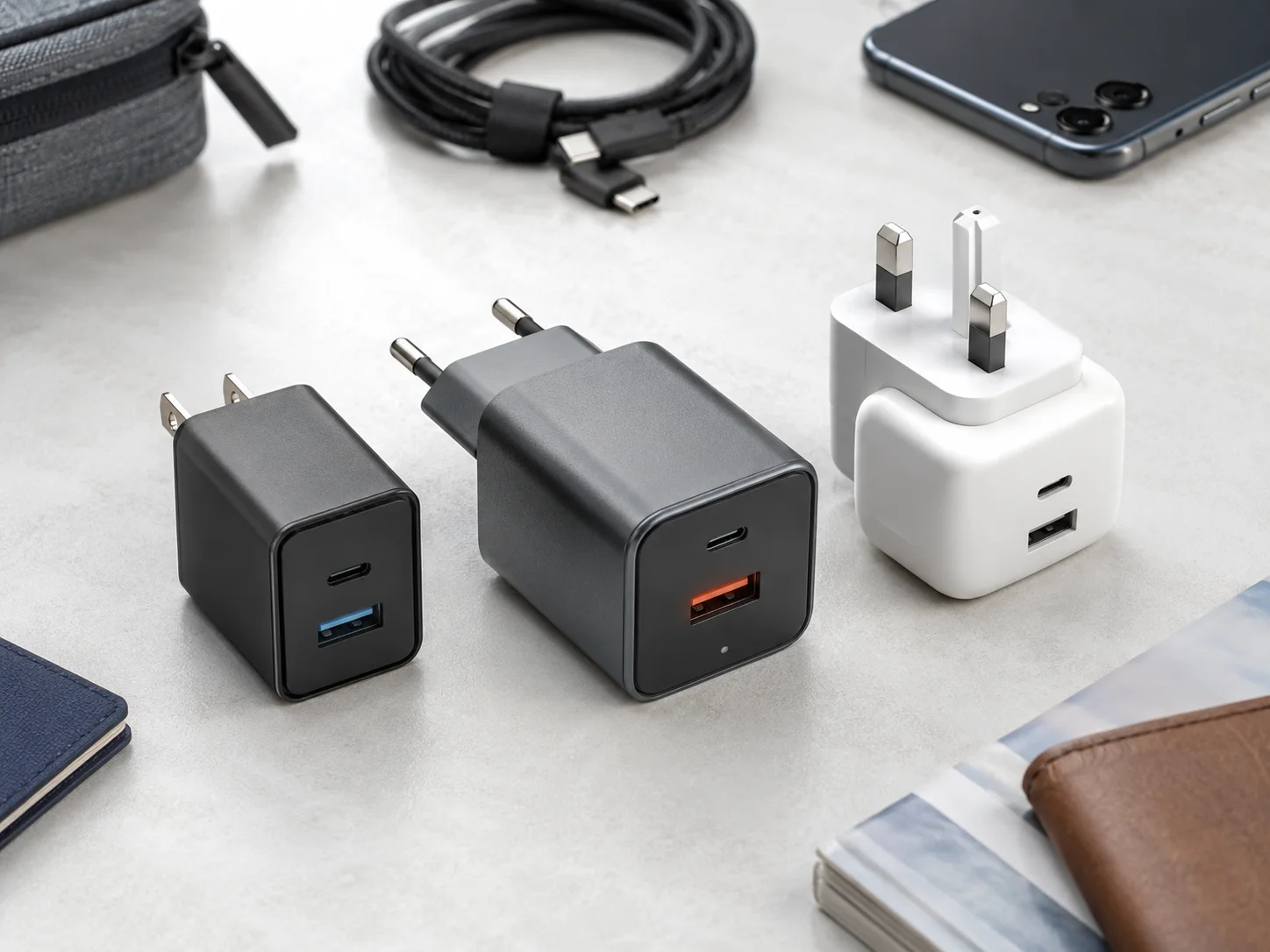 GaN Charger Plug Types by Market Different plug types for GaN chargers for US, EU, and UK markets