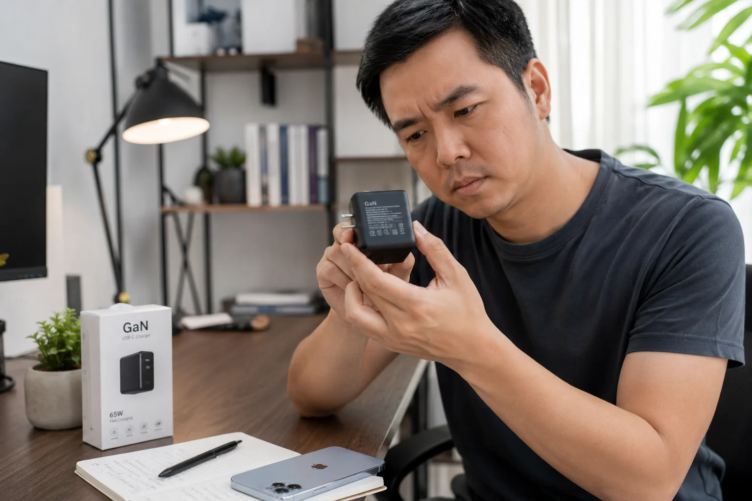 How to Choose an iPhone 16 Charger a person holding a GaN charger and looking at its specs