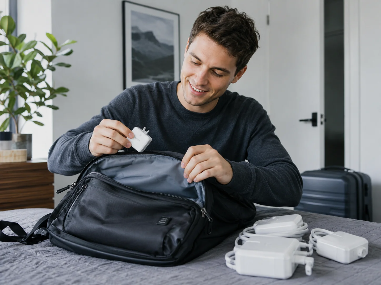 The Convenience of a Single GaN Charger a happy person packing one small charger into their bag instead of three large ones