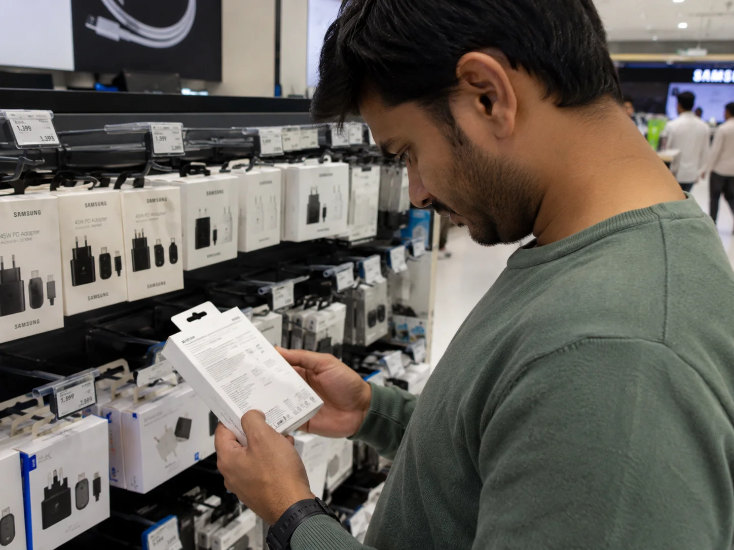 A person examining the fine print on a charger's packaging in a store