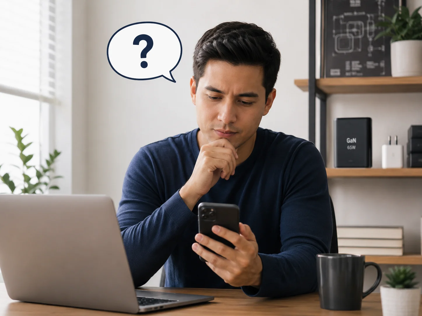 FAQ about GaN Chargers A person looking at their phone with a question mark bubble above their head