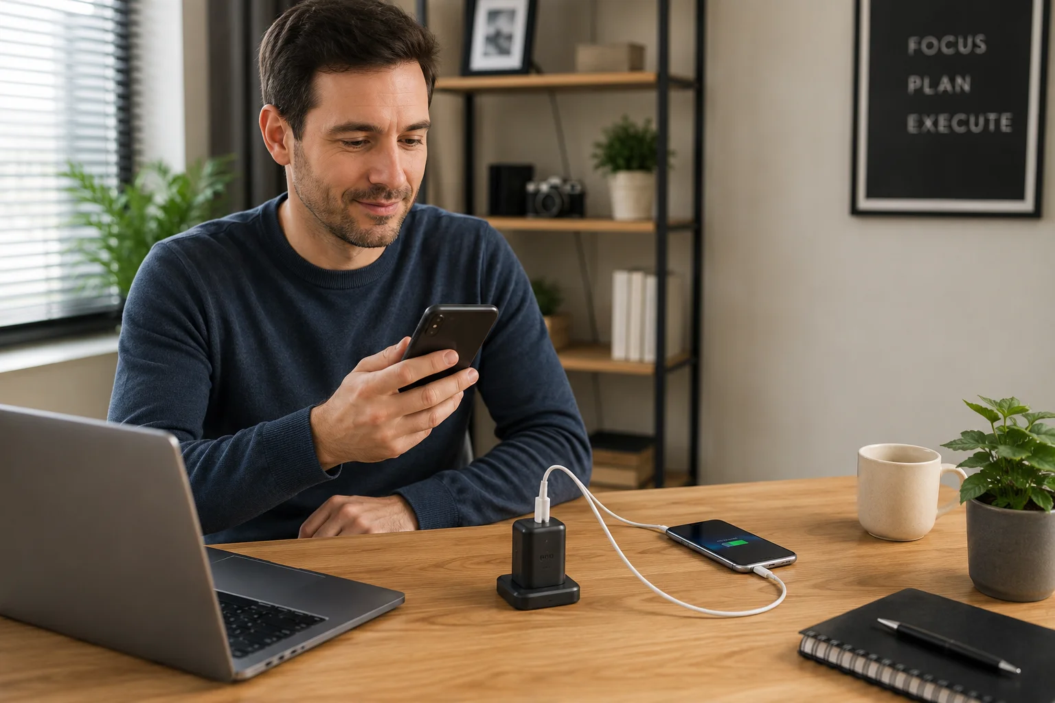 FAQ on Dual Charging A person looking at their phone while it charges next to another phone.