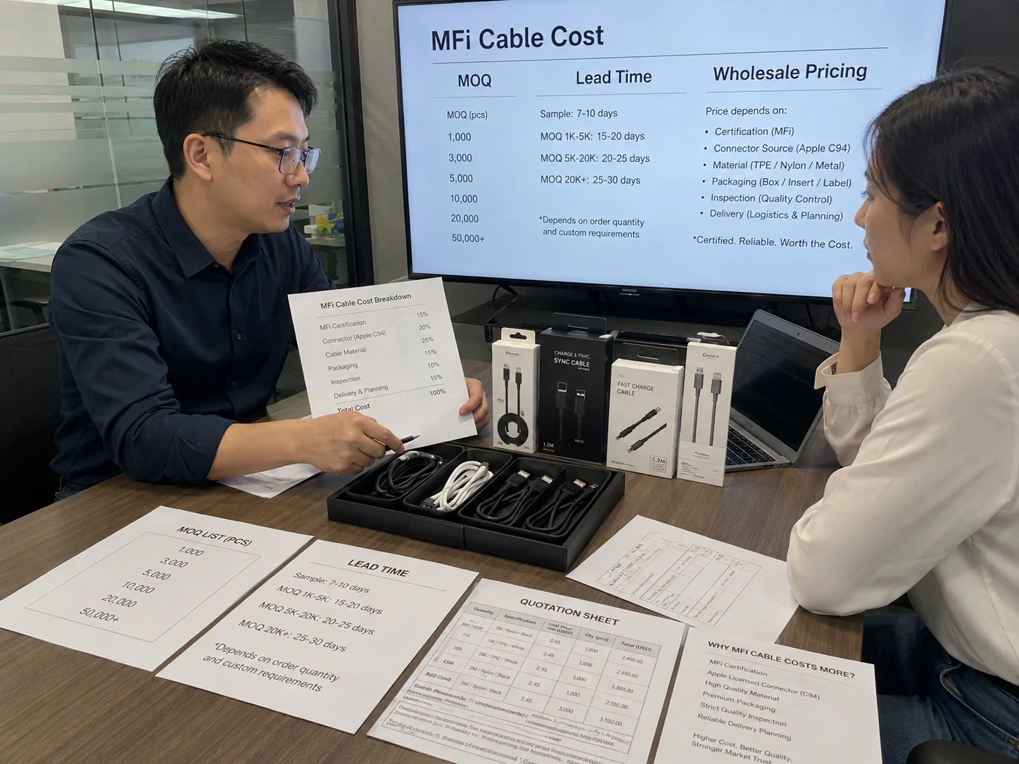 MFi cable cost MOQ lead time wholesale pricing