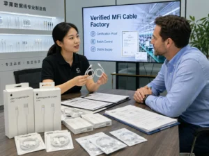 Two individuals discuss MFi-certified USB-C to Lightning cables at a professional meeting table, showcasing certification documents and product samples.