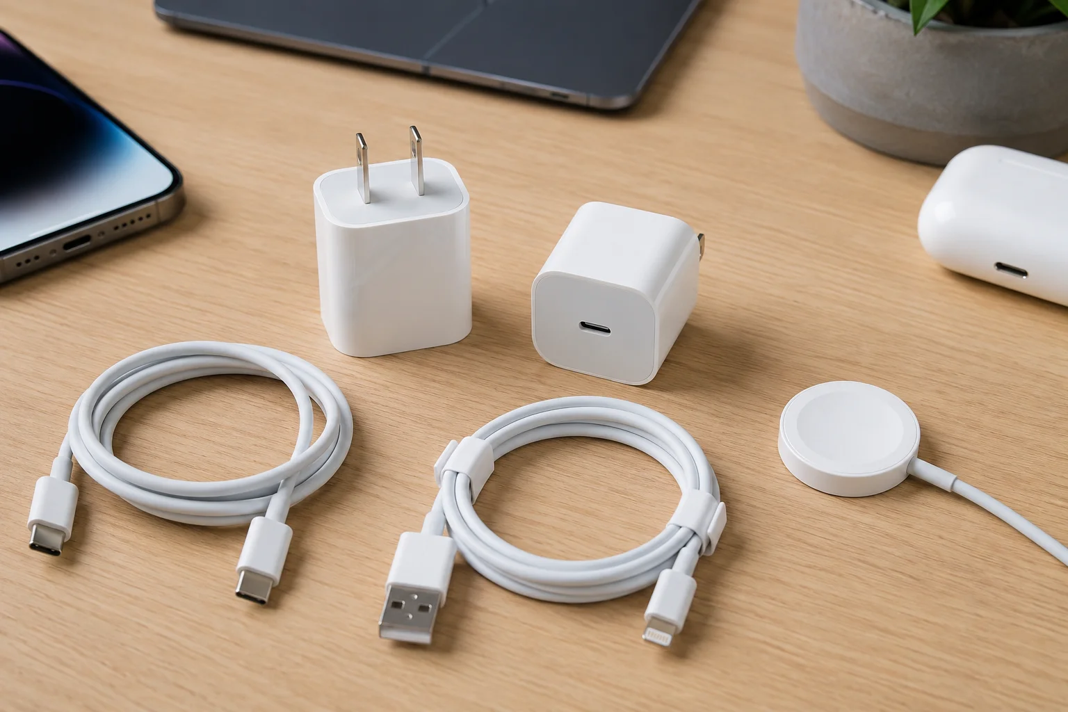 Different Apple Charging Ports An assortment of Apple chargers including Lightning, USB-C, and a magnetic puck