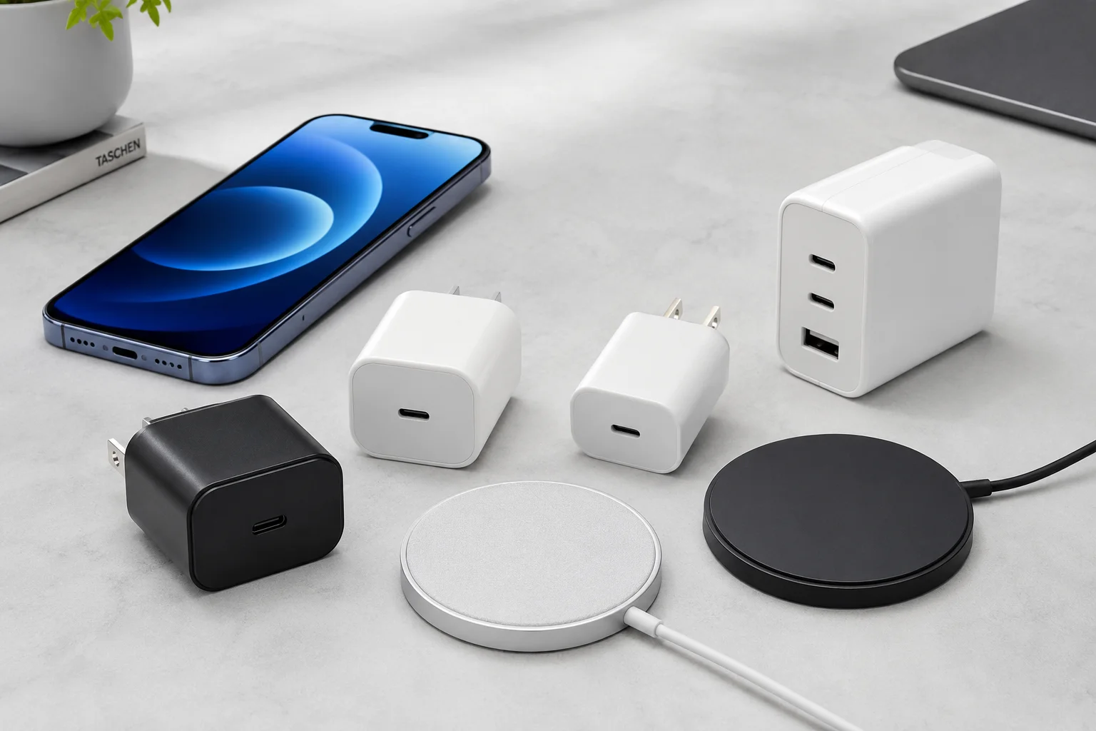 A collection of iPhone 16 chargers including USB-C and MagSafe models