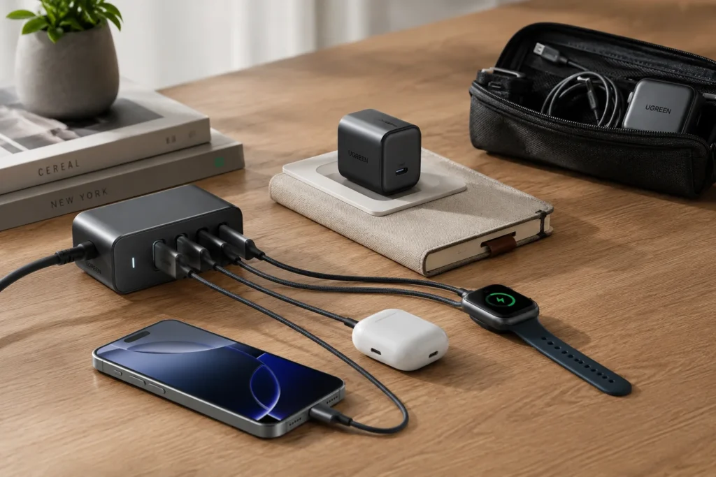 Charging setup featuring GaN chargers, a smartphone, smartwatch, earbuds, and organized cables on a wooden desk.