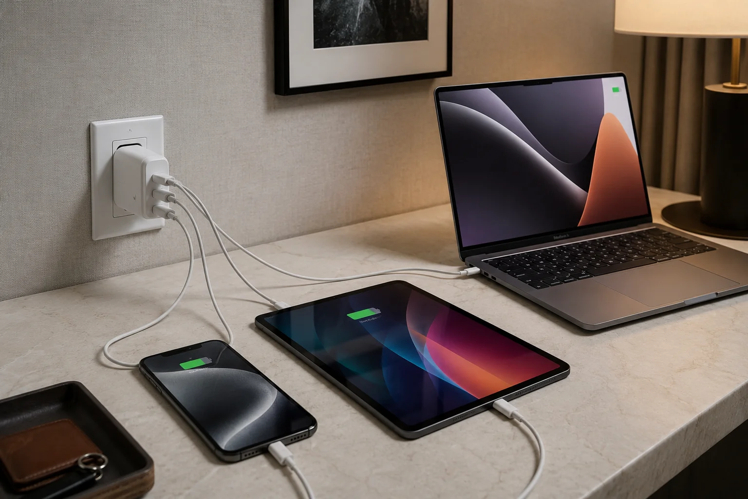 One USB-C Charger for Multiple Apple Devices A single powerful USB-C charger plugged into a wall, with cables connecting to an iPhone, iPad, and MacBook.