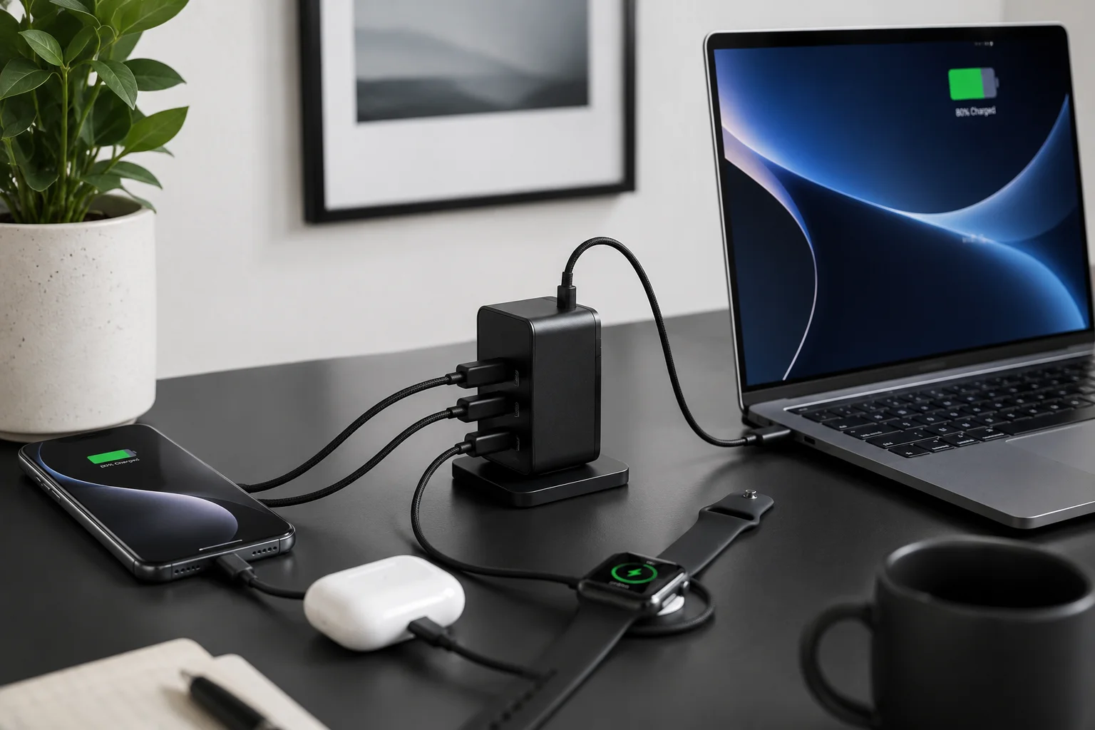 Multi-port GaN Charger in Use A compact, multi-port GaN charger with several devices plugged in