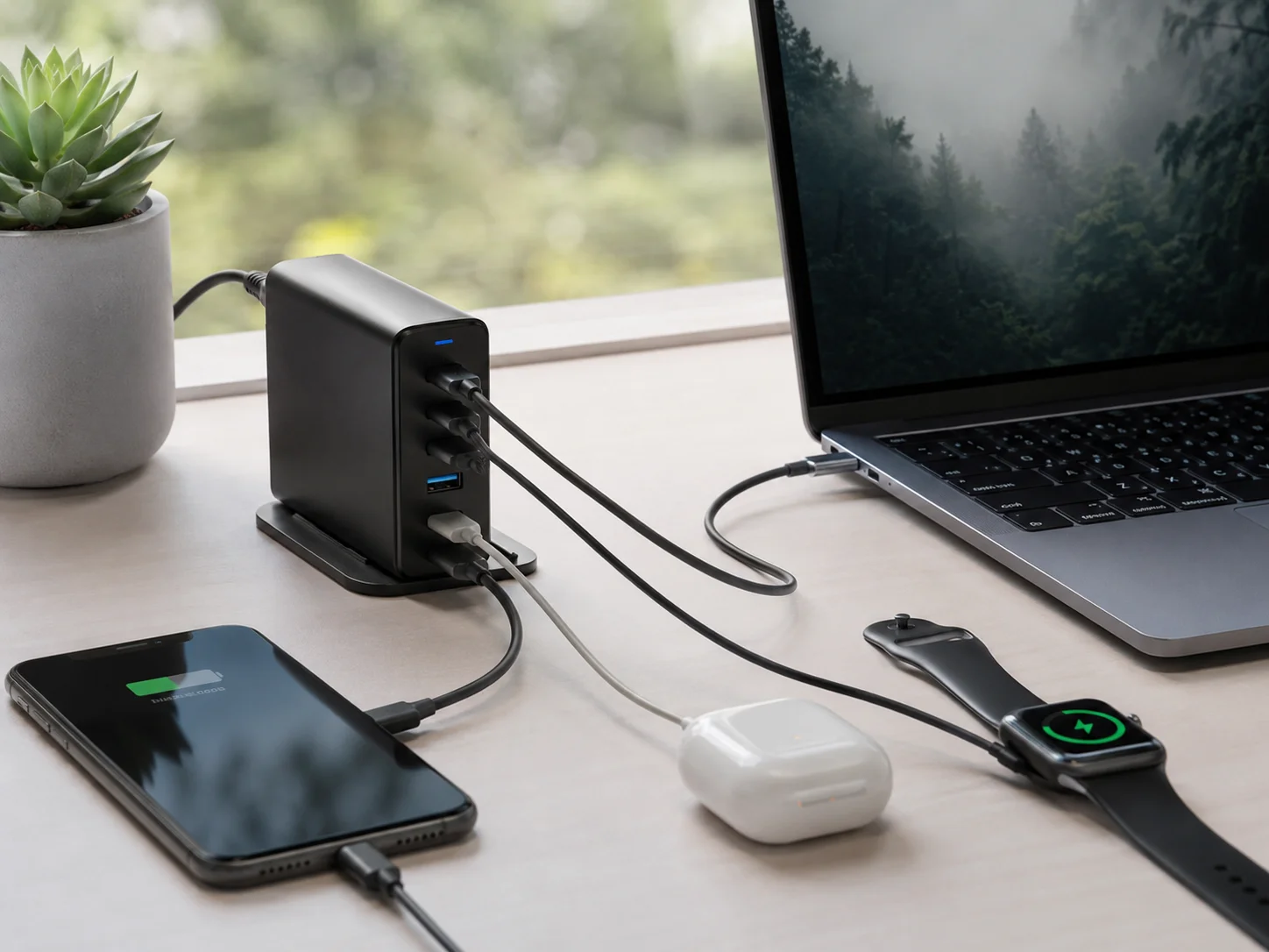 A powerful multi-port GaN charger powering a laptop, phone, and watch simultaneously