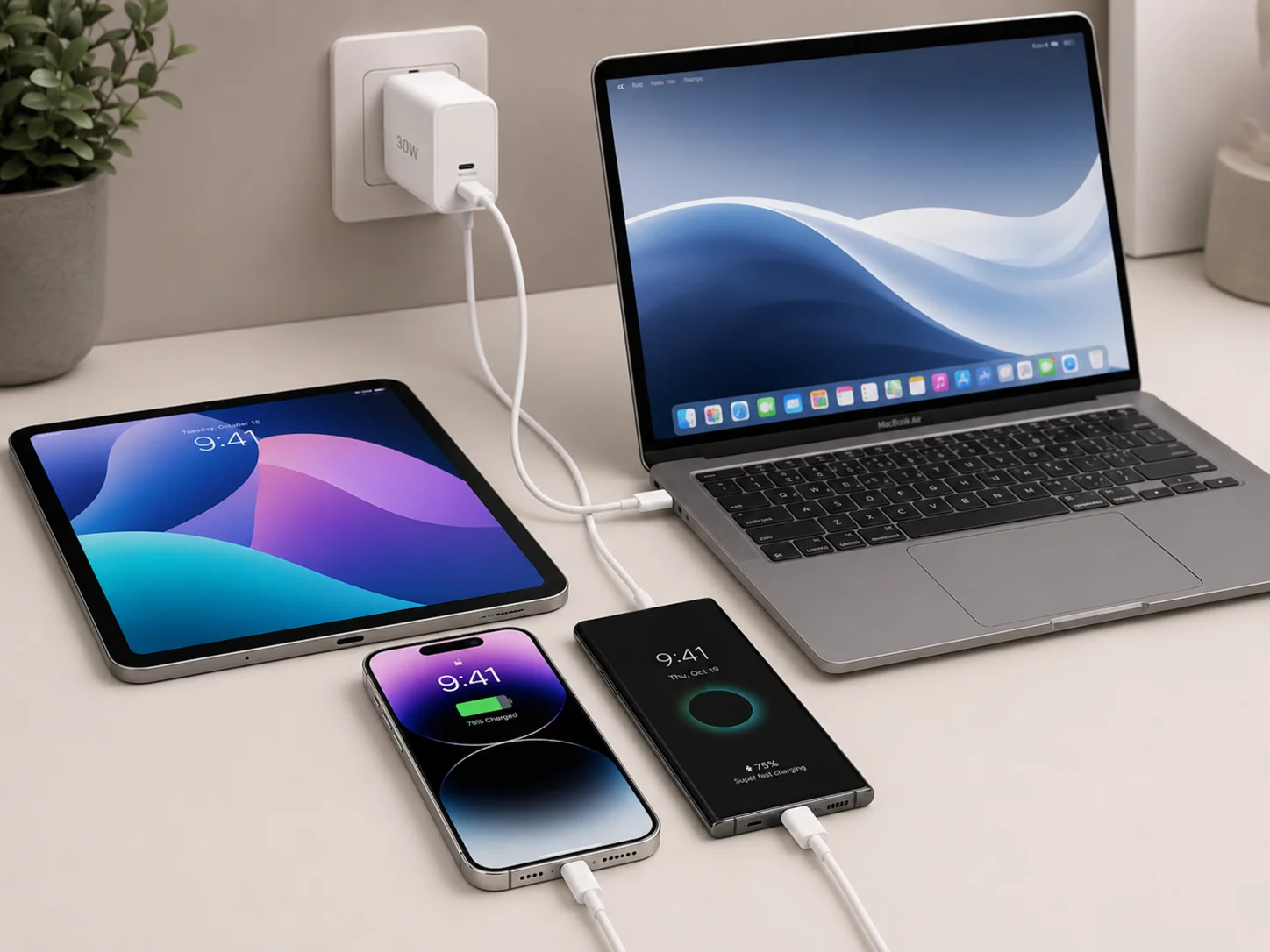 A collection of devices that support 30W fast charging like iPhone, Samsung Galaxy, iPad, and MacBook Air