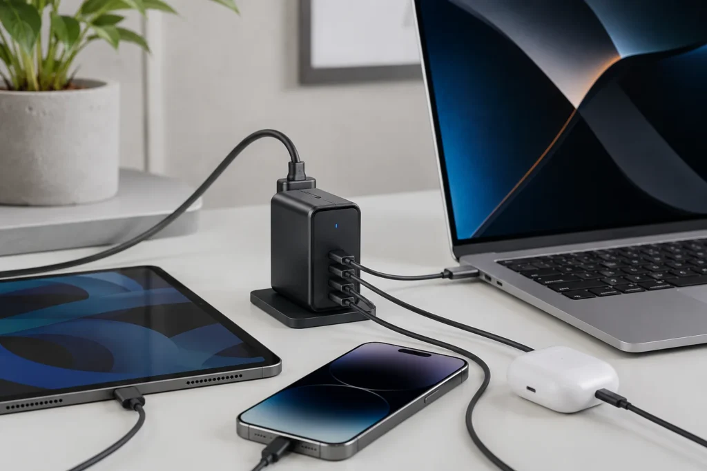 A multi-port USB charger on a desk charging a laptop, tablet, smartphone, and wireless earbuds simultaneously.