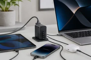 A multi-port USB charger on a desk charging a laptop, tablet, smartphone, and wireless earbuds simultaneously.