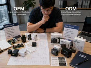 A professional comparing OEM and ODM approaches in electronic product design with GaN chargers, circuit boards, packaging, and diagrams displayed.