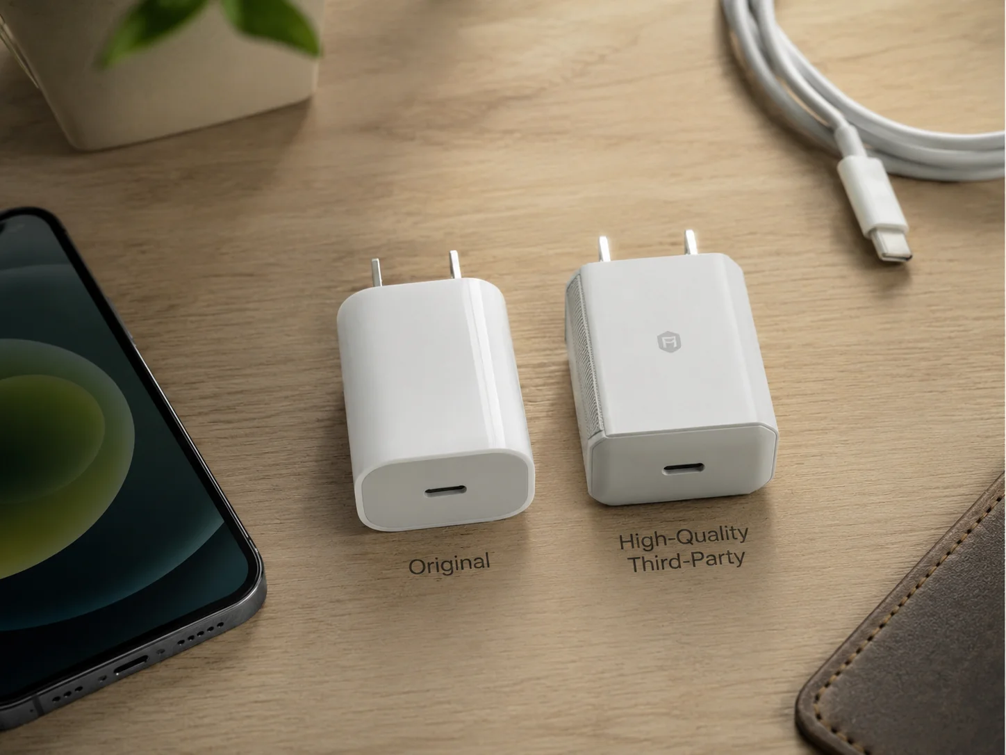 An Apple charger and a high-quality third-party charger side-by-side