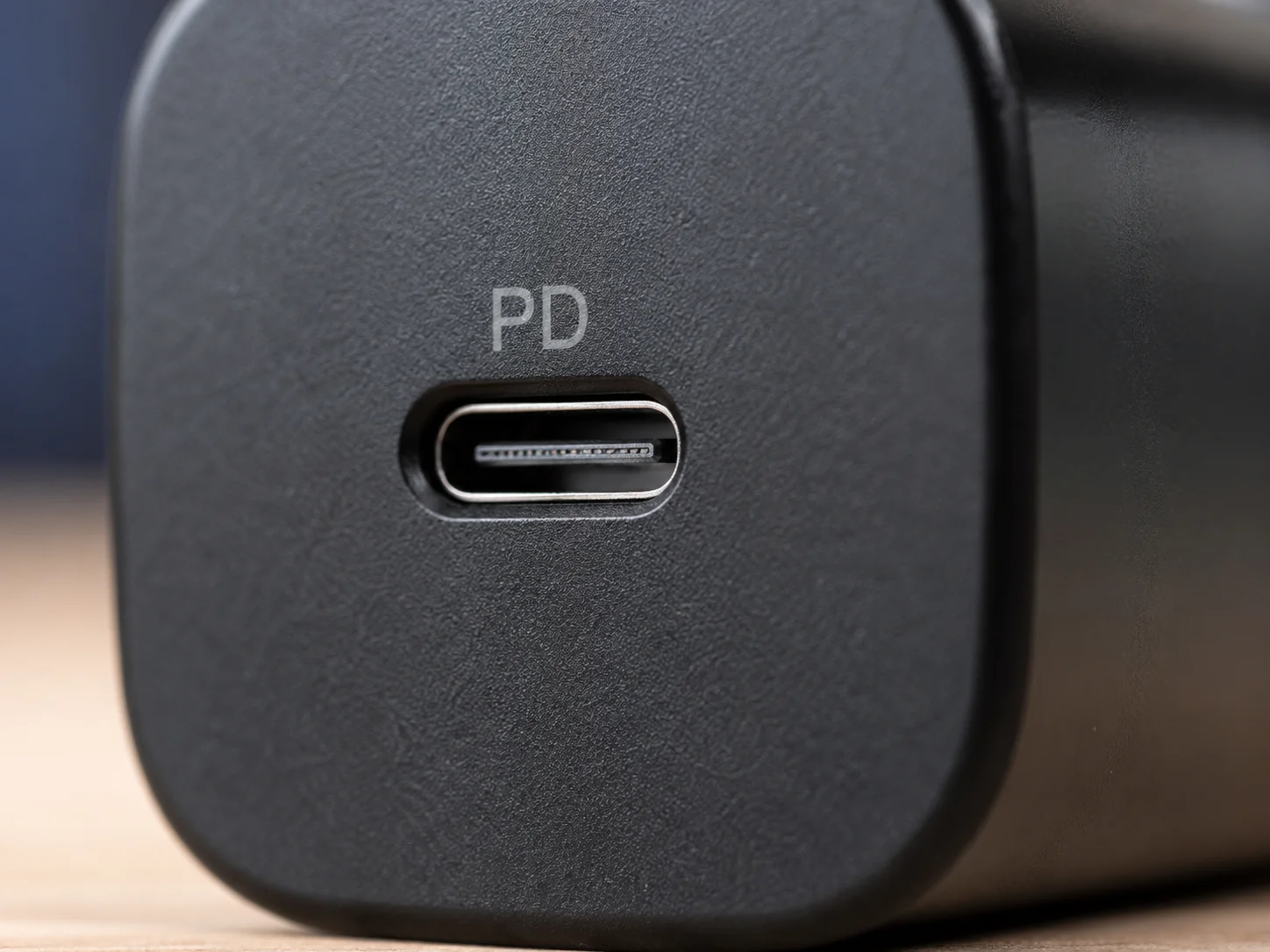 A close-up of a USB-C PD port on a charger
