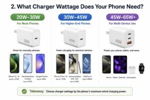 Guide showing recommended charger wattage for phones and devices, divided into 20W-30W for most phones, 30W-45W for higher-end phones, and 45W-65W+ for multi-device use.
