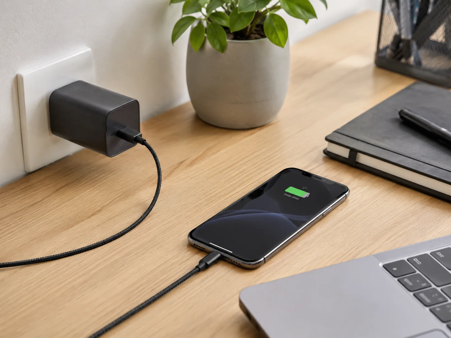 An iPhone charging with a non-Apple charger on a desk