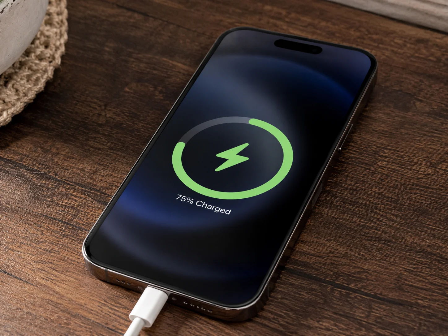 A charger connected to an iPhone showing the charging symbol