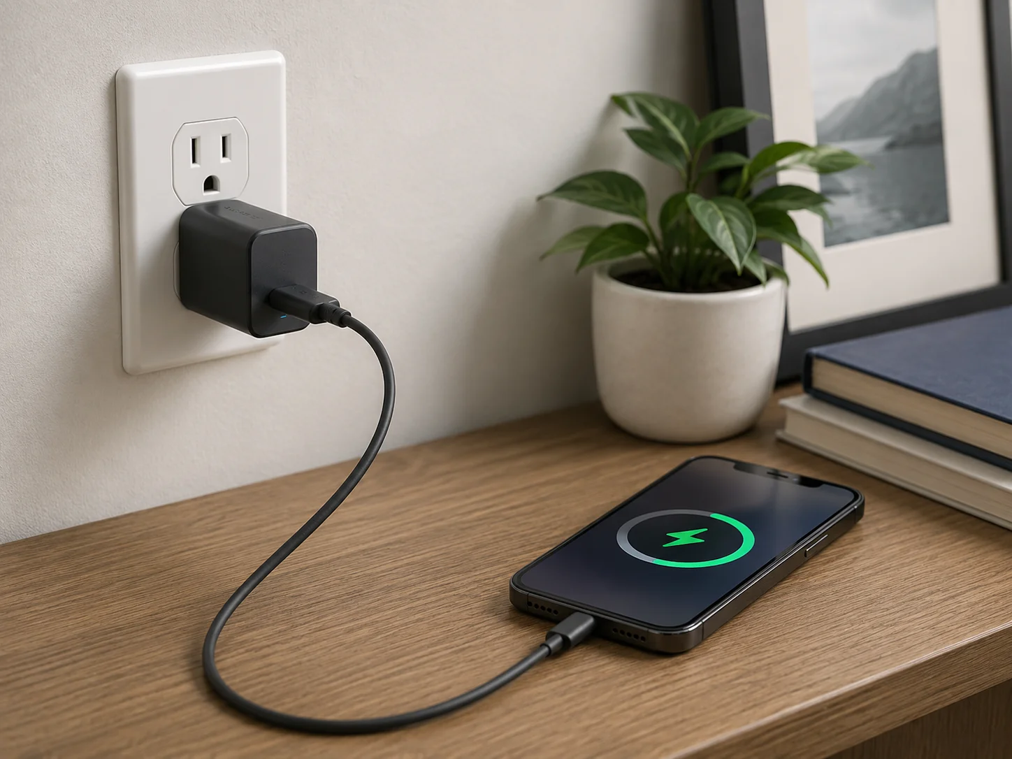30W GaN Charger for Phones A compact 30W GaN charger plugged into a wall, charging a smartphone