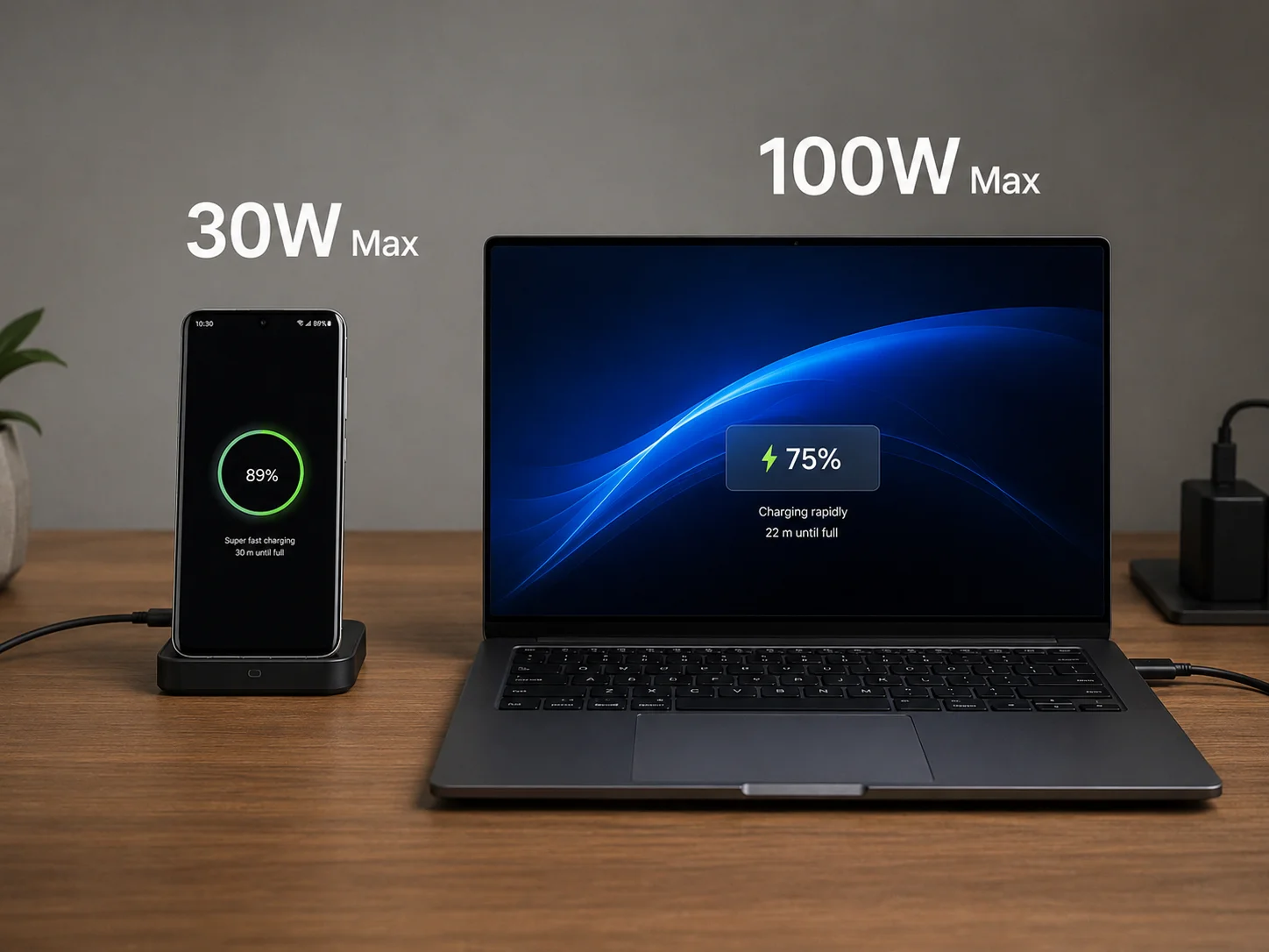 Device Charging Speed Limits a phone and a laptop with their max charging wattages displayed