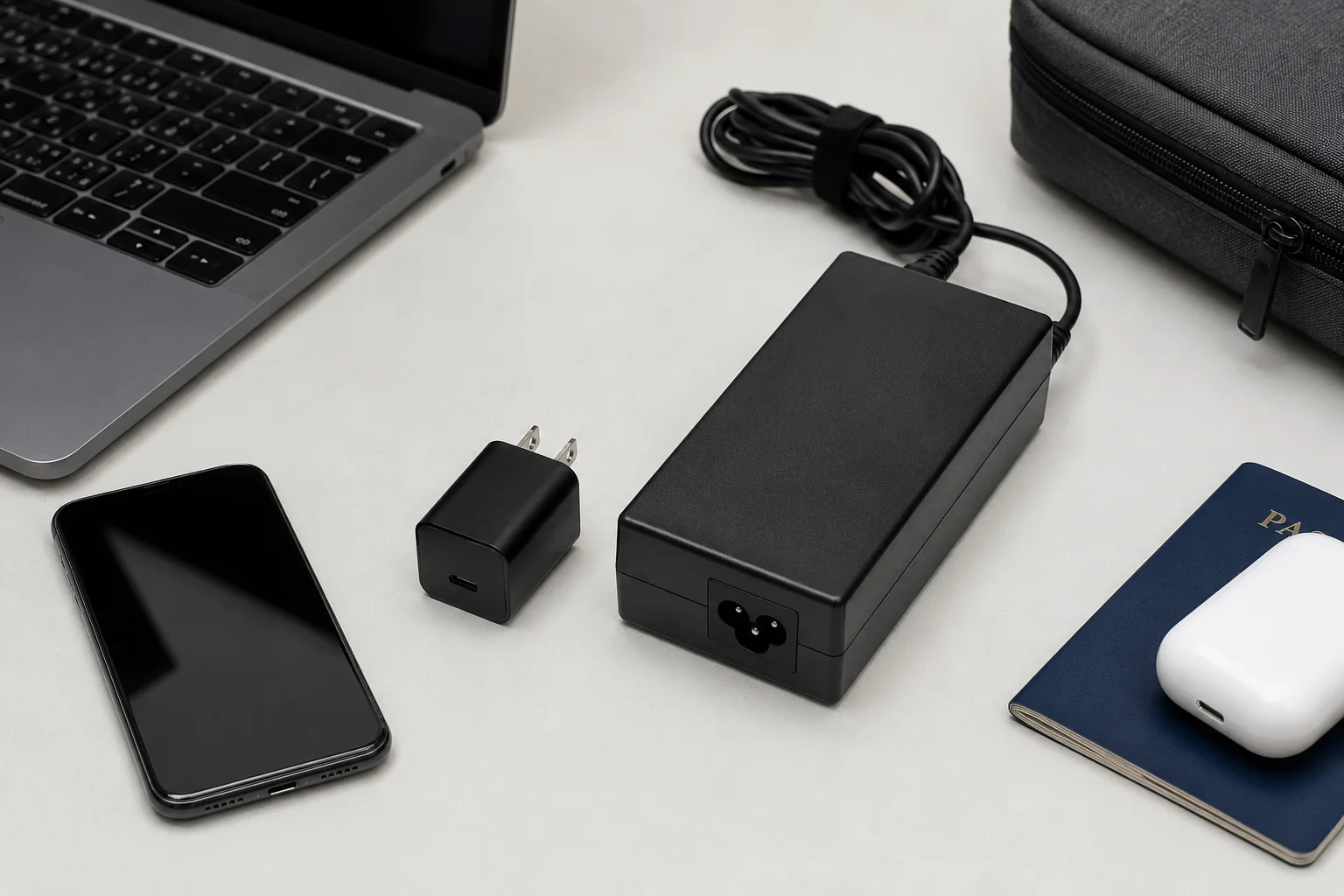 Compact GaN Charger vs Traditional Charger A compact, pocket-sized GaN charger with multiple ports, compared to a much larger, traditional MacBook charger.