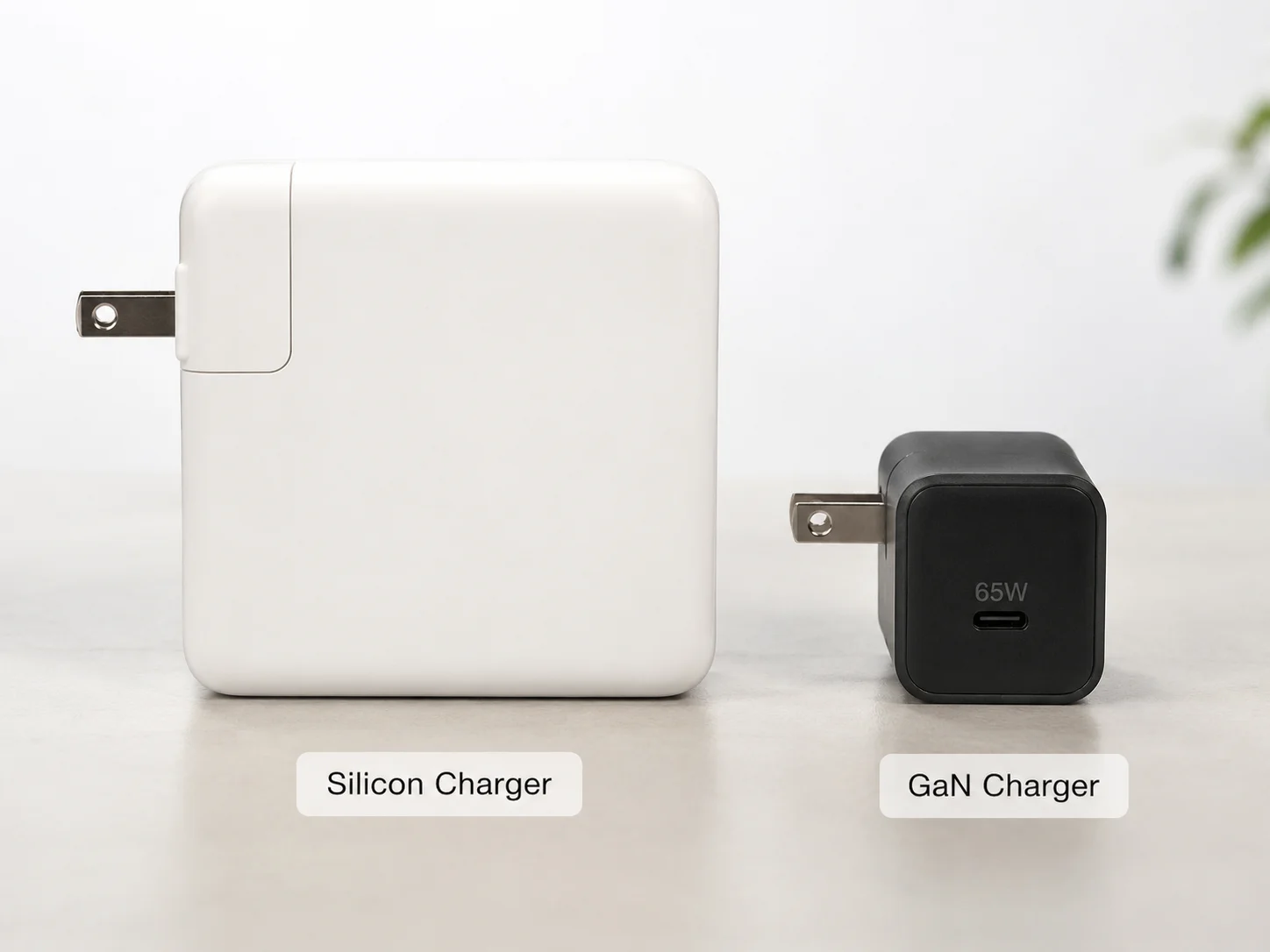 Side-by-side comparison of a bulky silicon charger and a small GaN charger of the same wattage