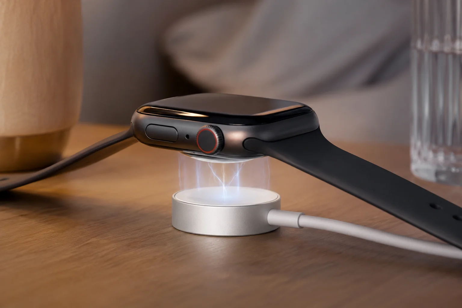 Apple Watch Magnetic Charging Puck An Apple Watch snapping onto its unique magnetic charging puck.