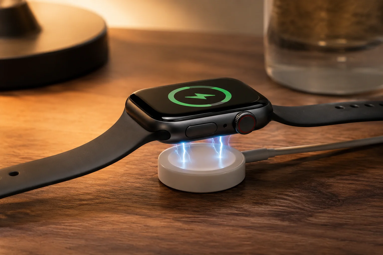 Apple Watch Magnetic Charging An Apple Watch snapping onto its magnetic charging puck