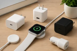 Smartwatch being wirelessly charged on a desk surrounded by charging adapters including USB-C, USB-A, and car chargers.