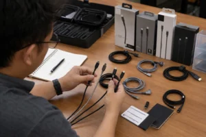 Person assessing various USB-C cables at a desk with packaging, coiled cables, and a notebook present.