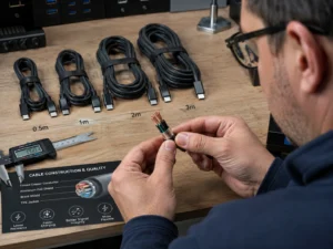 A person examines USB-C cable construction using a cutaway sample while several lengths of USB-C cables (0.5m, 1m, 2m, 3m) are displayed on a desk. A caliper is placed nearby to measure specifications.