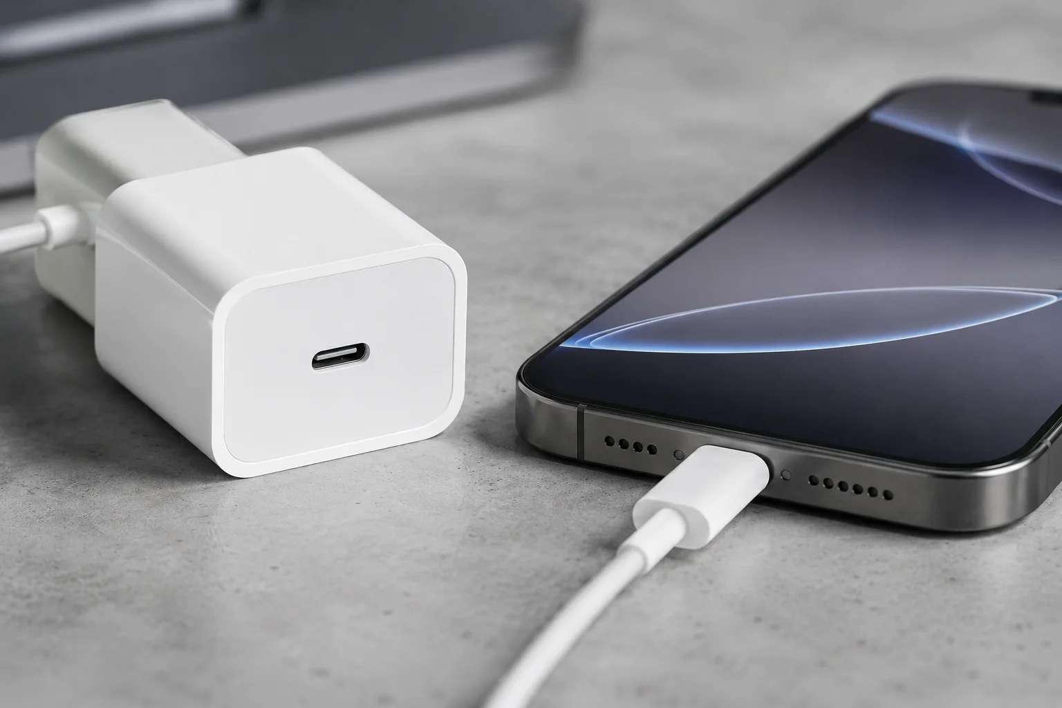 A USB-C port on a charger next to an iPhone 16