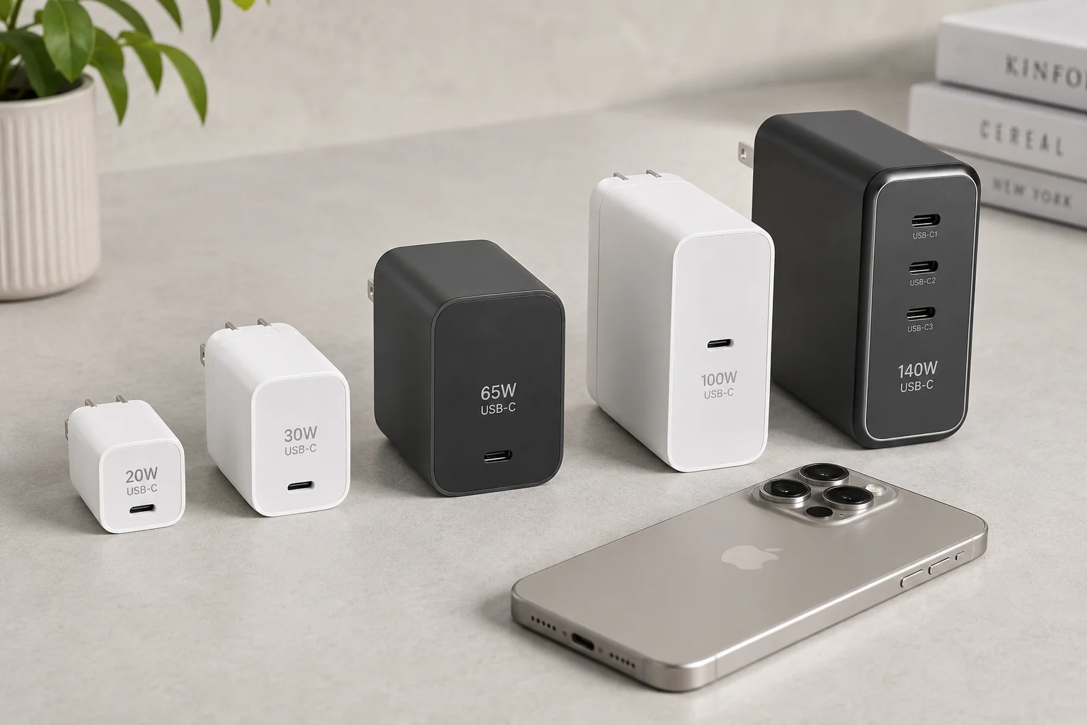 Best Wattage Charger for iPhone 16 a collection of different wattage USB-C chargers next to an iPhone 16