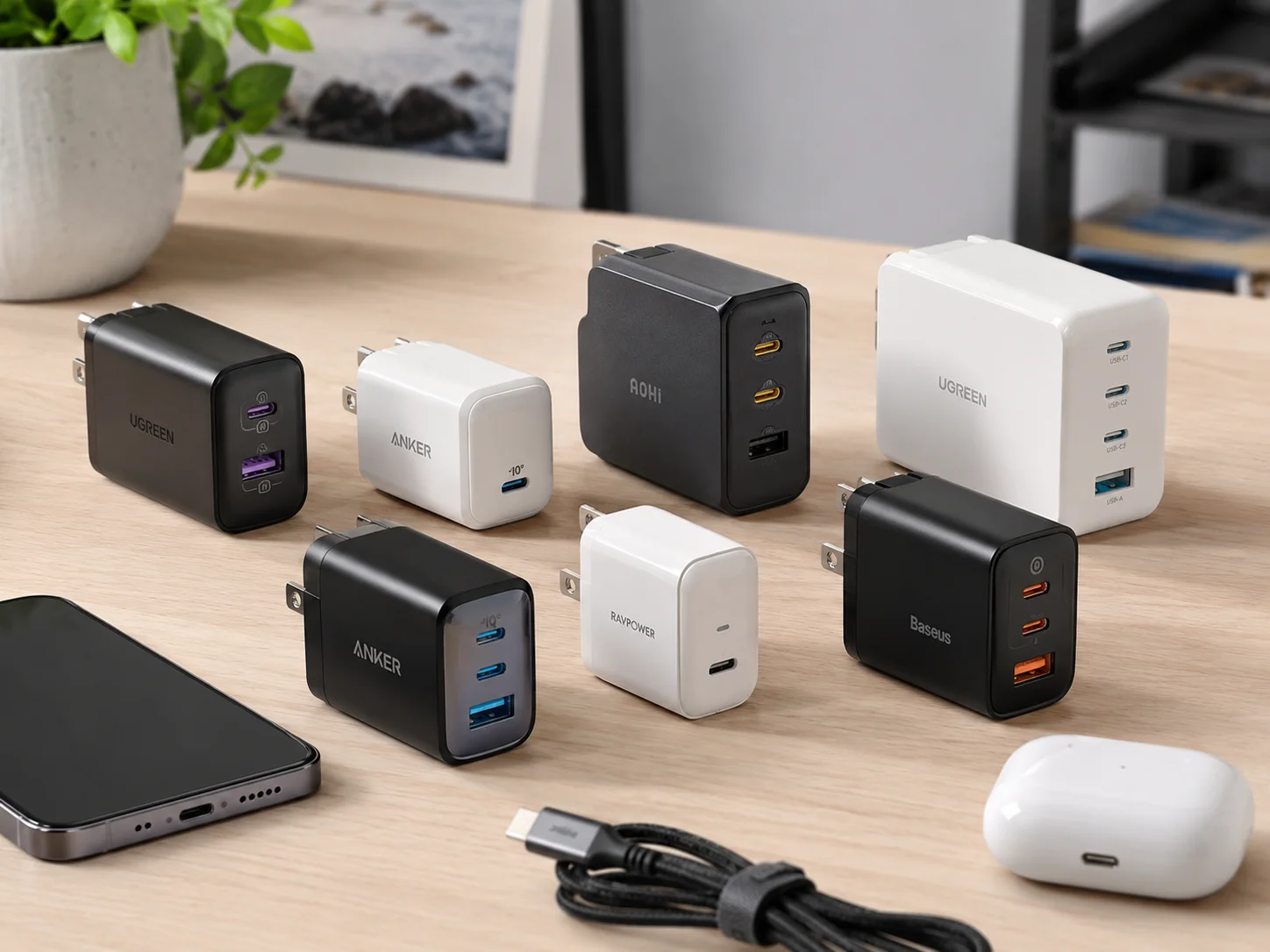 GaN Charger Buying Guide A collection of different GaN chargers on a table