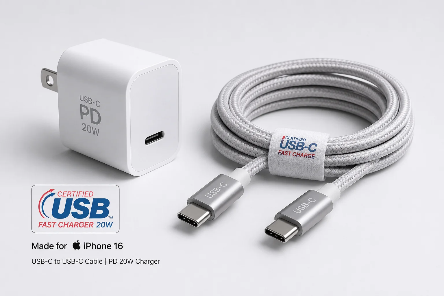 Required Charger and Cable for iPhone 16 a certified USB-C to USB-C cable and a PD charger