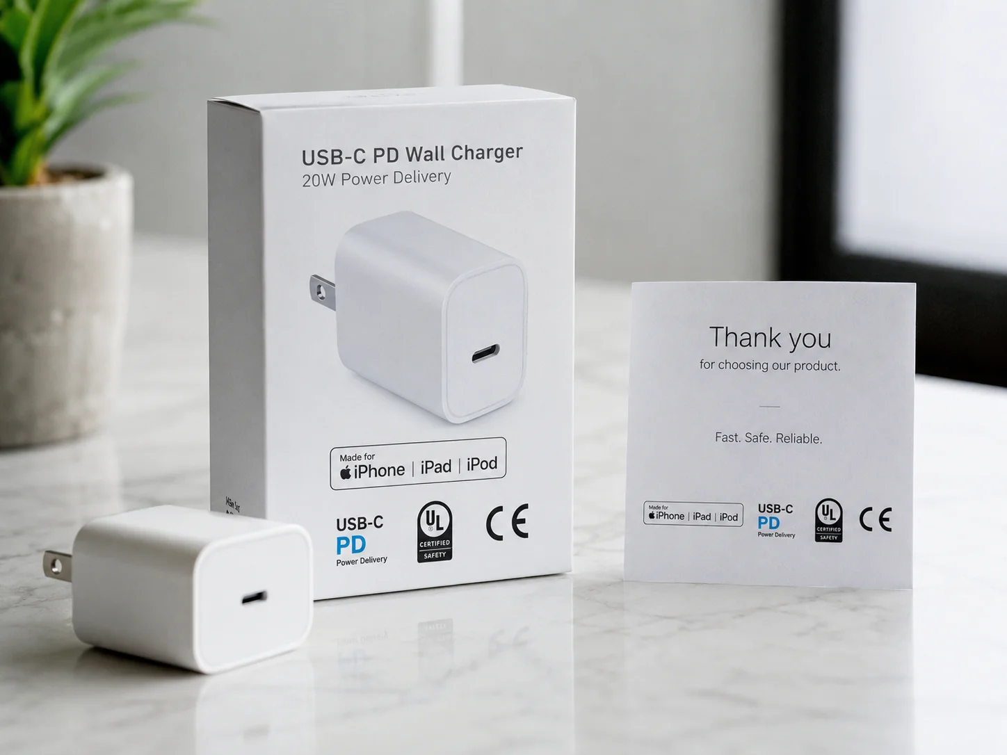 Logos of MFi, USB-C PD, UL, and CE displayed together
