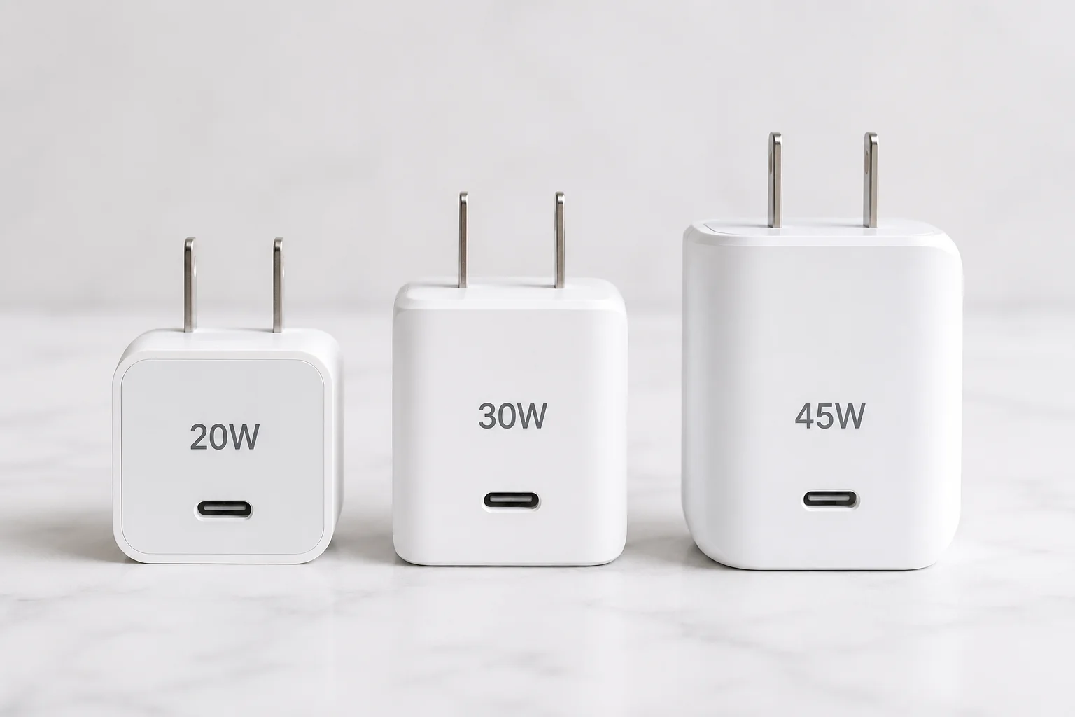 Charger Wattage Comparison for iPhone 16 20W, 30W, and 45W chargers lined up side-by-side