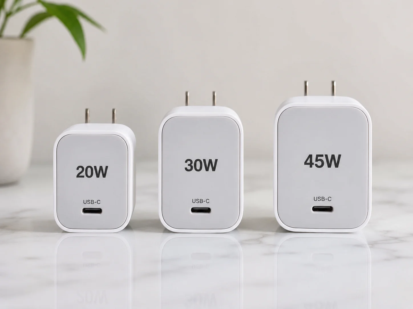Three chargers side-by-side labeled 20W, 30W, and 45W