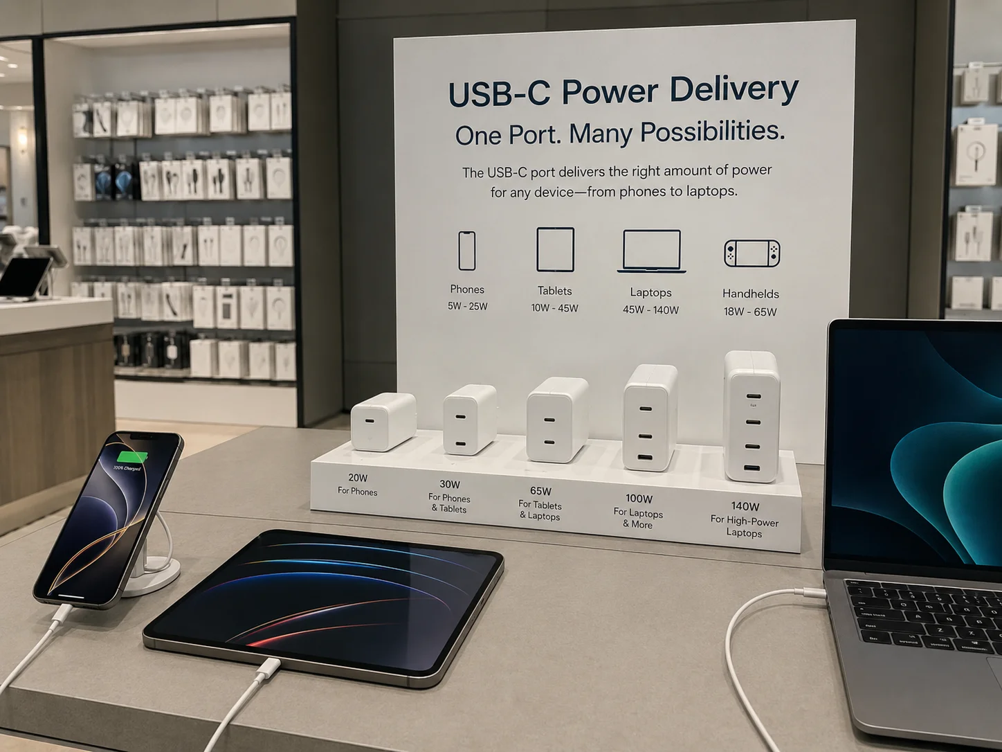 USB-C Power Delivery retail charger display USB-C Power Delivery retail charger display