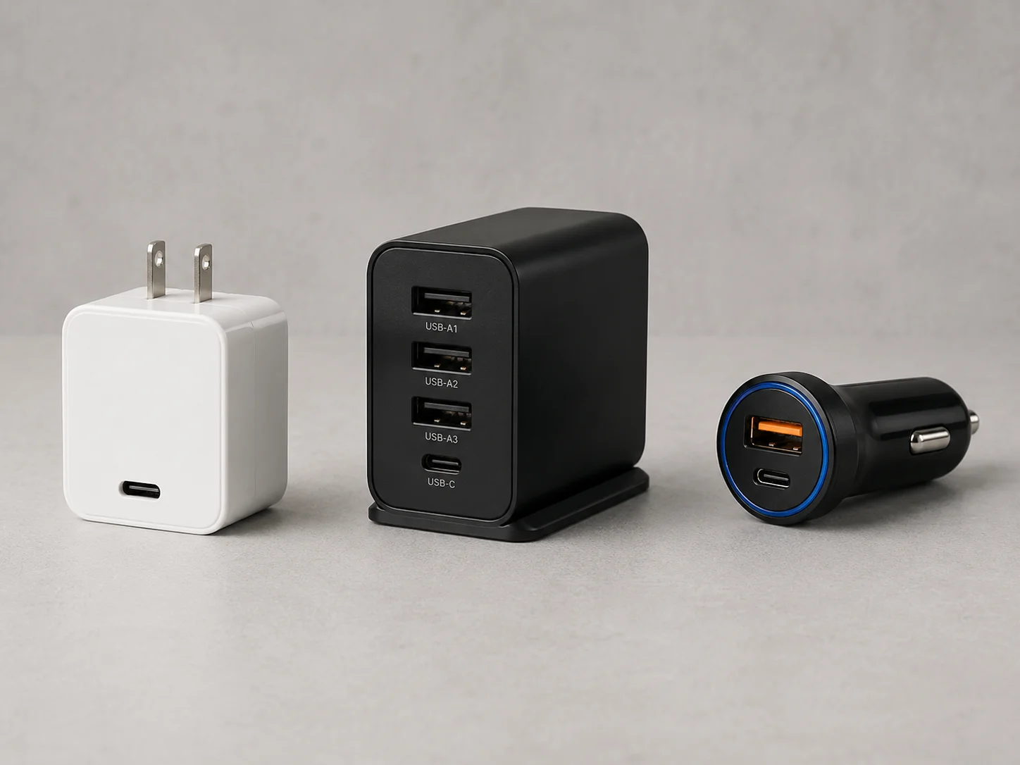 A travel charger, a desk charger, and a car charger in a row